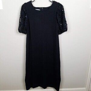 Vintage 70s Leslie Fay Knit Sweater Maxi Dress Bubble Short Sleeve Ribbon Sequin
